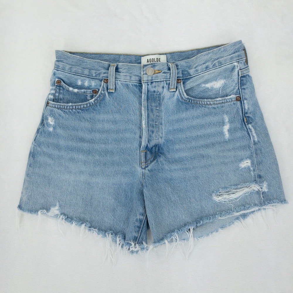 AGOLDE Parker Long Shorts Womens 26 Blue Distressed High Rise Button Fly